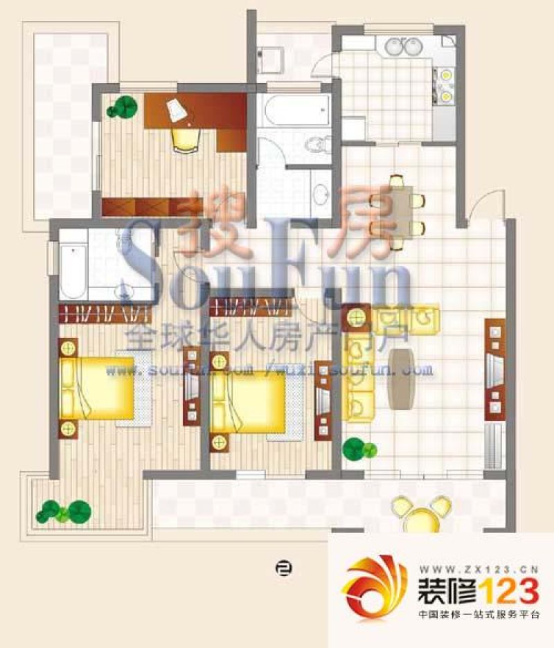 龙栖湾户型图hb2 3室2厅2卫 .