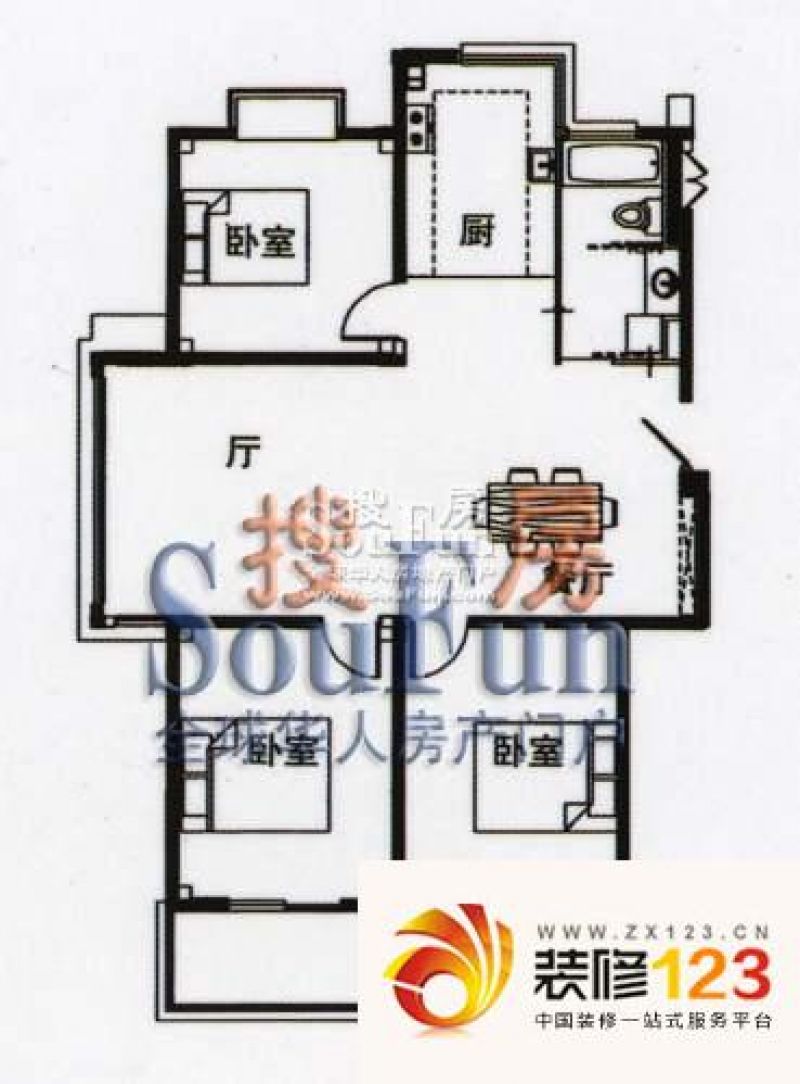 文昌花园户型图户型图 3室2厅1卫 .