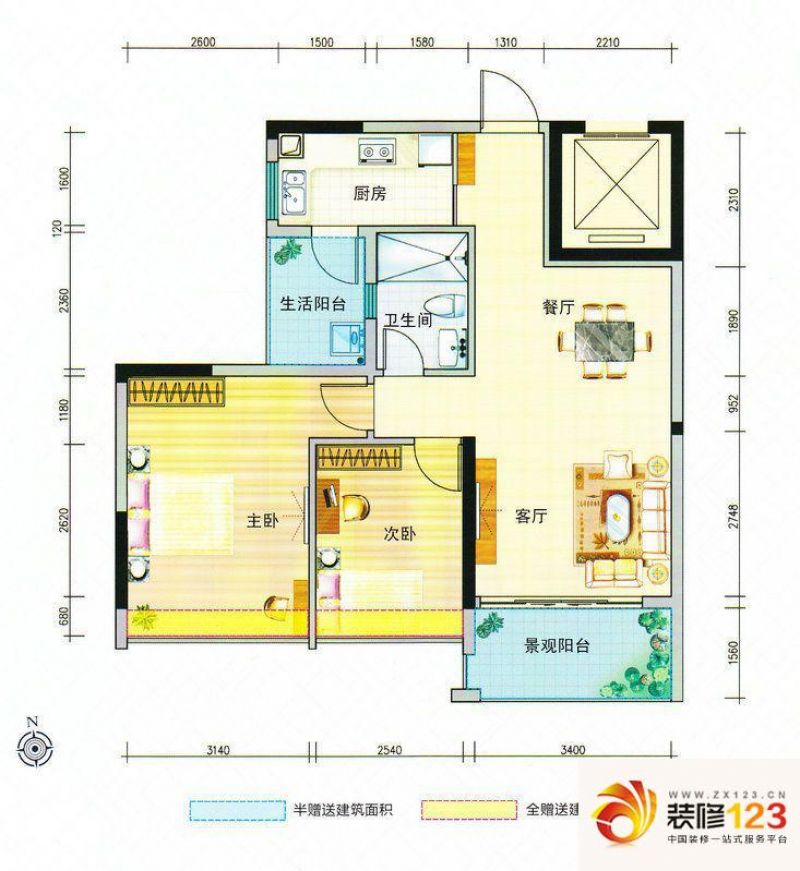 高盛花园户型图a-2 2室2厅1卫1厨.