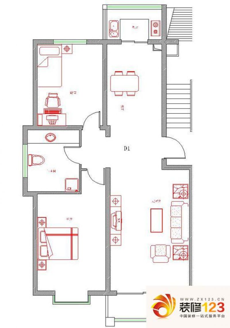 锦绣花园户型图D1户型 2室2厅1卫 ...