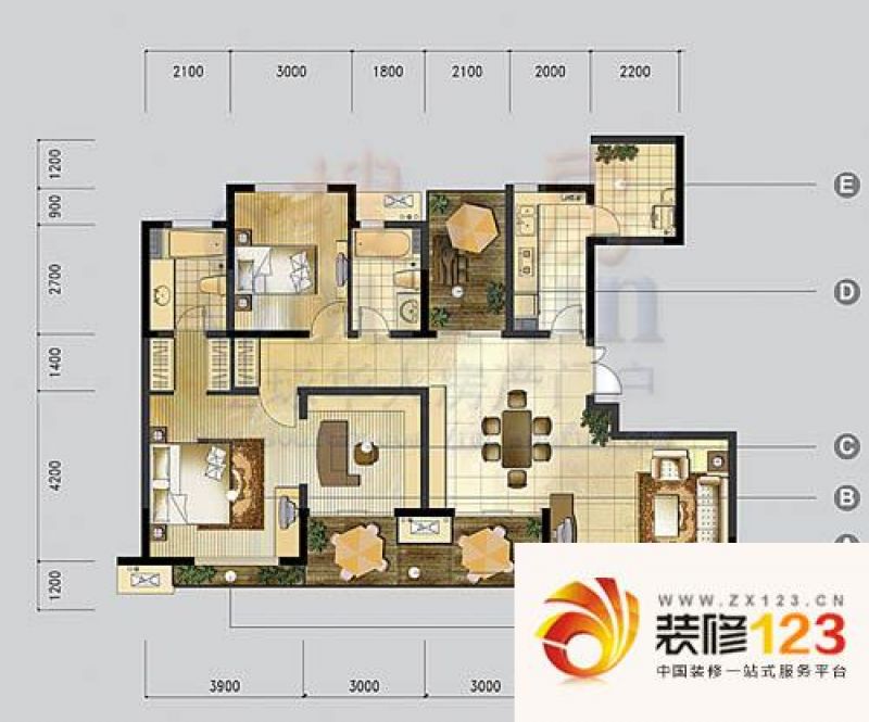 金地国际花园户型图3室2厅2卫.