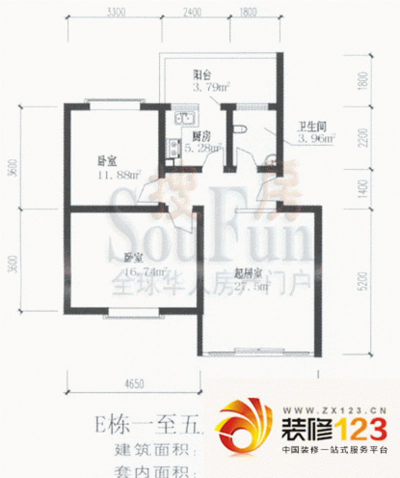 花香南城户型图2室1厅1卫1厨 .