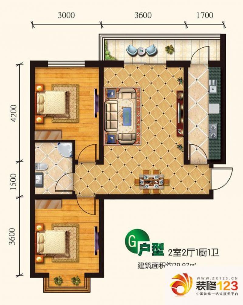 馨悦小镇户型图g户型 2室2厅1卫1.