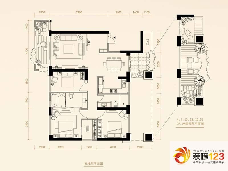 中骏天峰户型图1#01单元户型 3室.