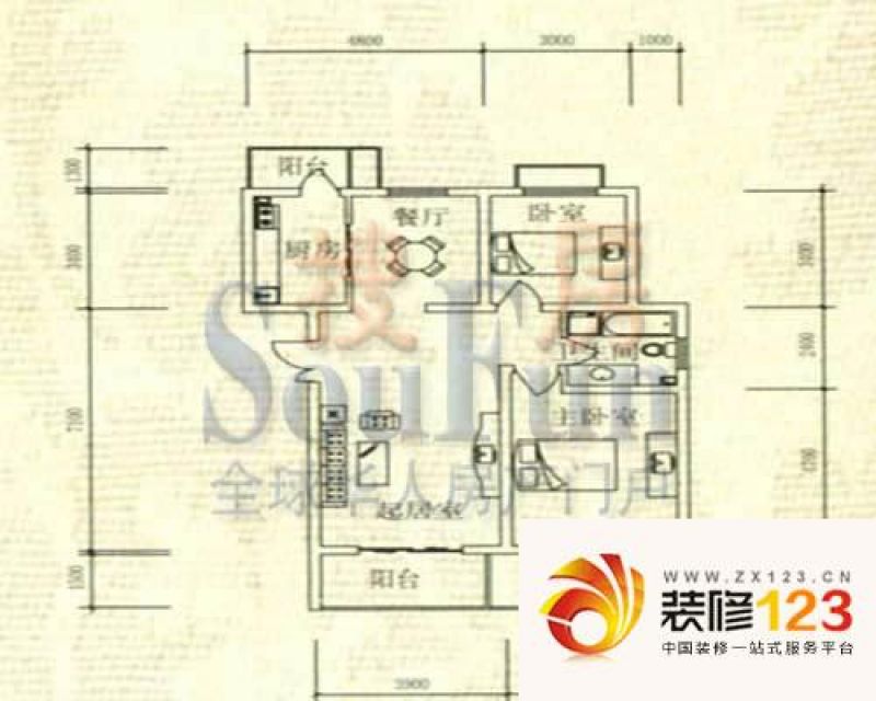 帝景豪庭户型图2室2厅1卫1厨 .