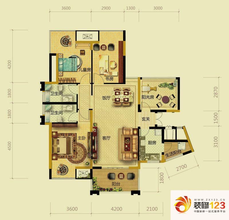 恒森自在城户型图B户型 4室2厅2 ...