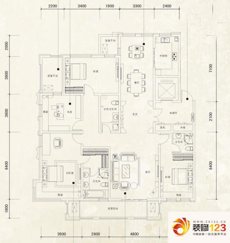 鼎旺大观户型图b户型 4室2厅3卫1 .