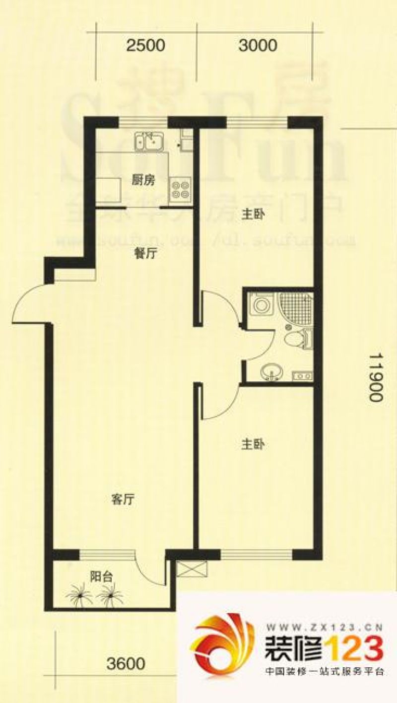 西山阳光水岸户型图Q2 2室2厅1卫 ...