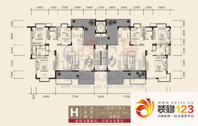 东山美庐户型图3室2厅2卫1厨 .