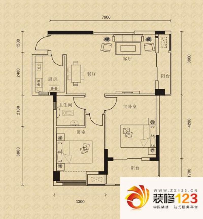 君融天湖户型图D3户型 2室2厅1卫 ...