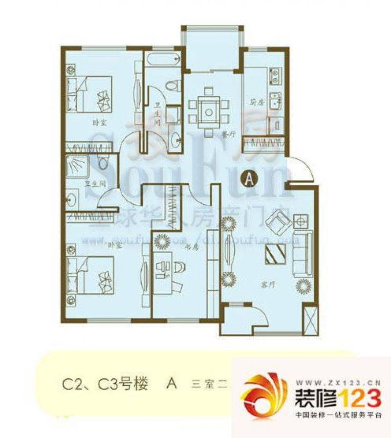 幸福里户型图二期户型图 3室2厅2 .