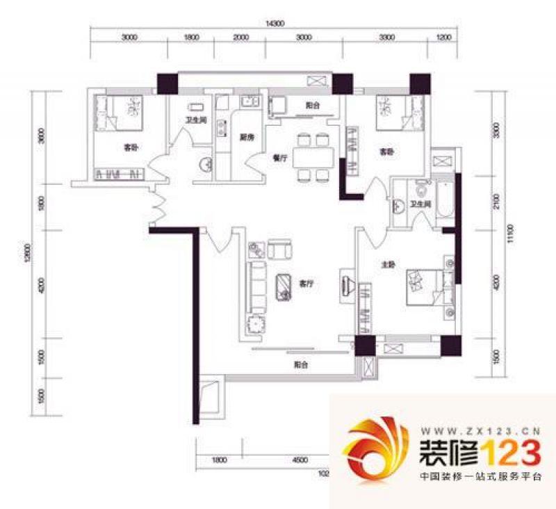 香颂国际户型图3室2厅 户型图 3 .