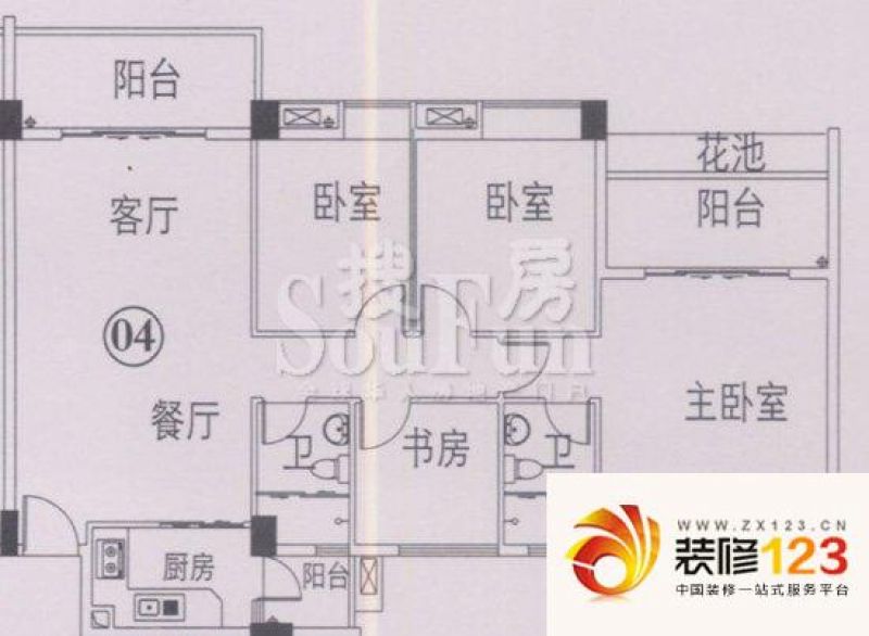 云峰花园户型图4室2厅户型图 4室.