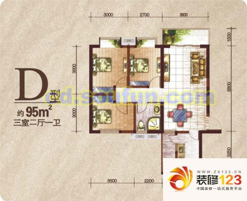 外滩户型图d型 3室2厅1卫1厨.