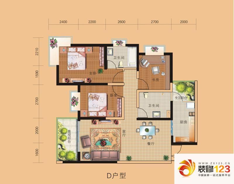 山水融城户型图D户型 3室2厅2卫1 ...