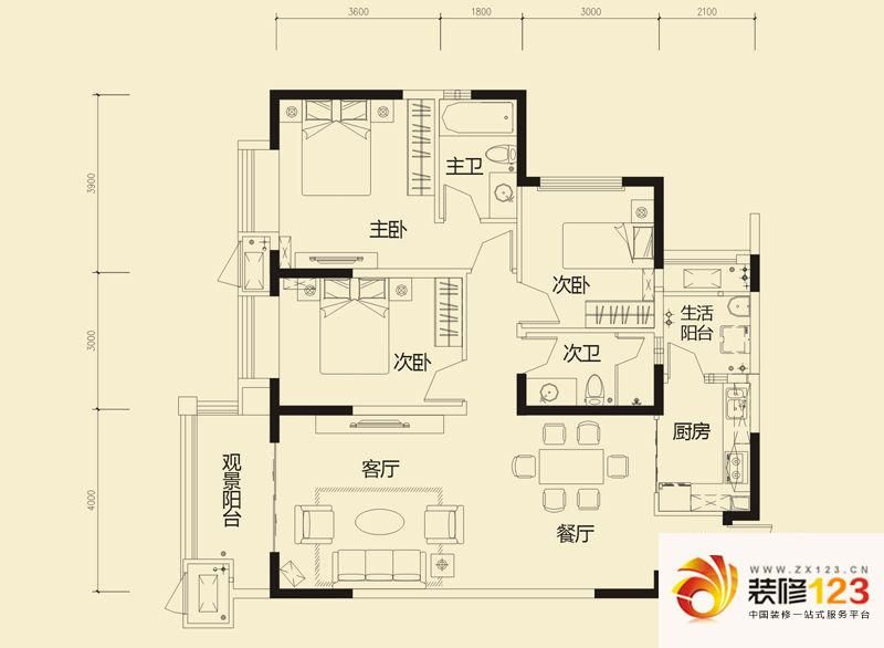 中海锦城户型图2-4栋E型 3室2厅2 ...