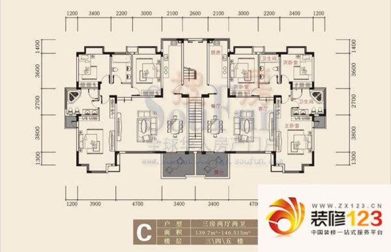 东山美庐户型图3室2厅2卫1厨 .