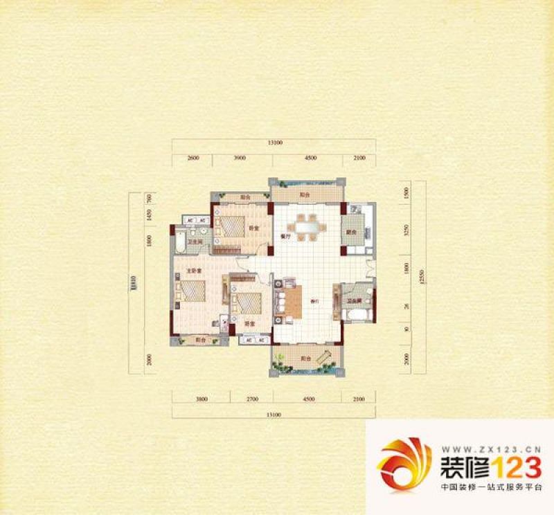 长沙玫瑰园户型图3室2厅 户型图.