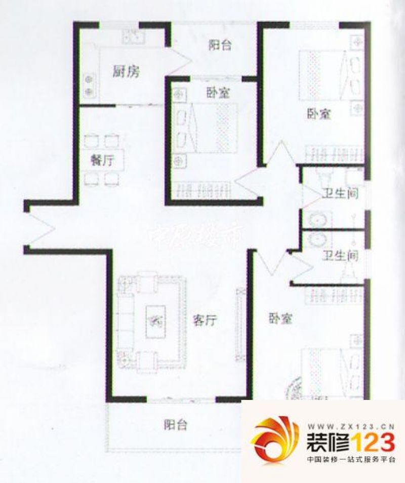 长龙金港户型图户型 3室2厅2卫.