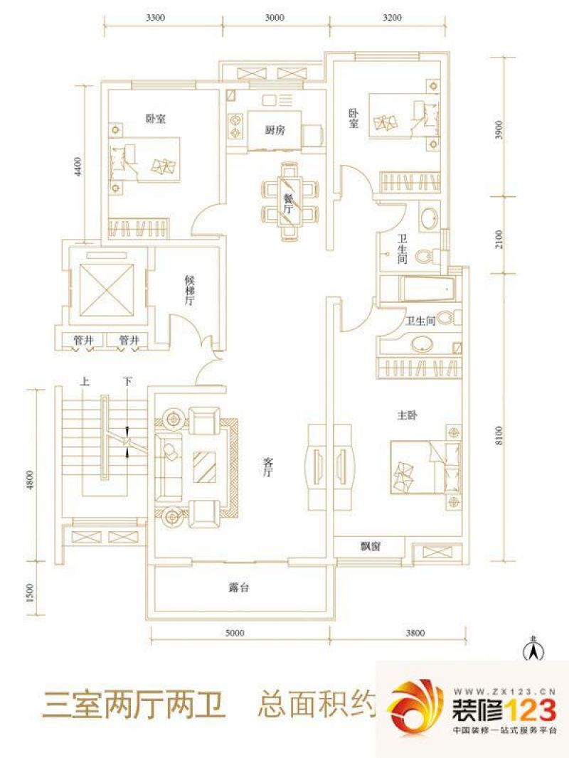 鑫界王府户型图洋房e户型 3室2厅.