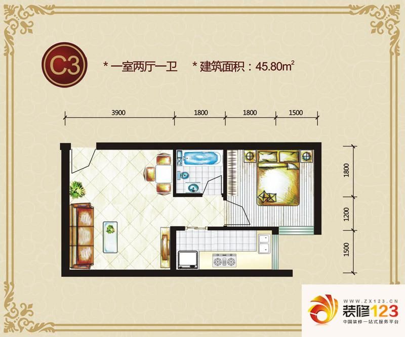 蓝山公馆户型图c3户型 1室2厅1卫.