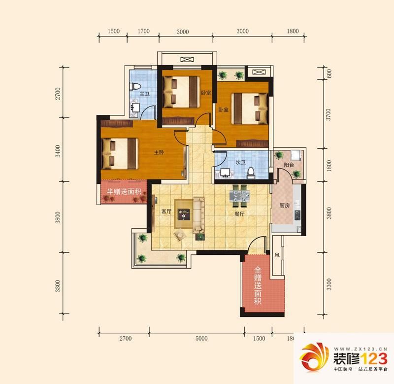 长江楚韵户型图2号楼B3户型 3室2 ...