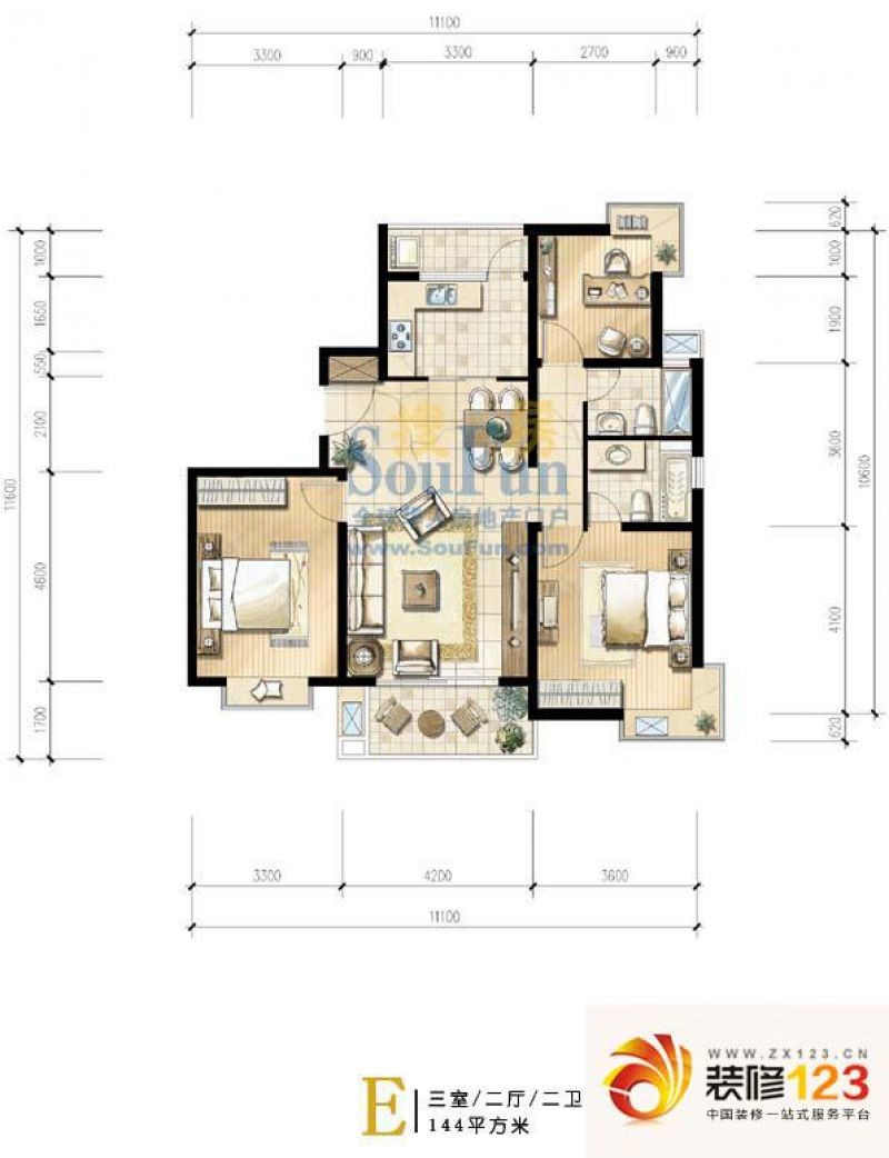 绿地阳澄名邸户型图户型图 3室2 .