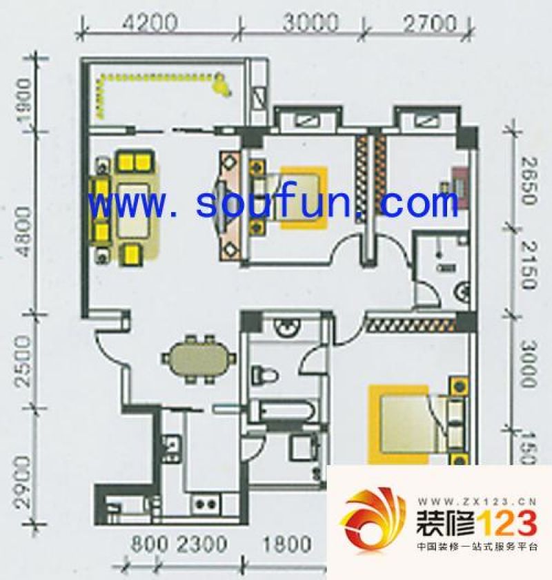 南辰景秀户型图m型 3室2厅2卫1厨 .