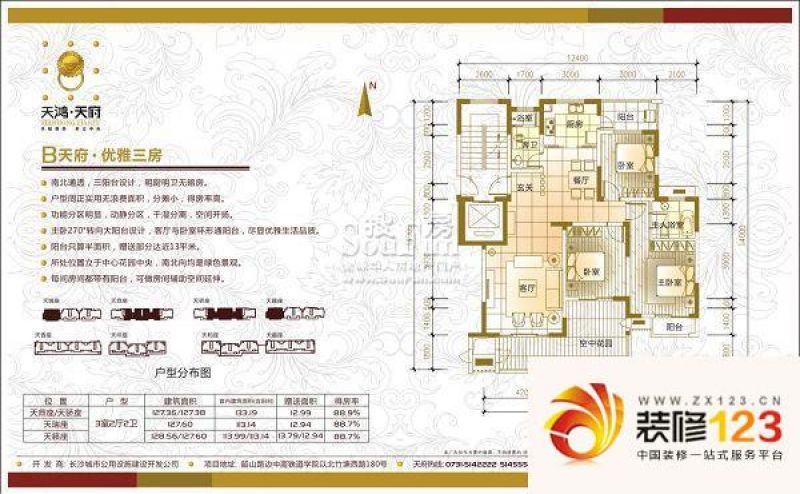 天鸿天府户型图3室2厅 户型图 3.