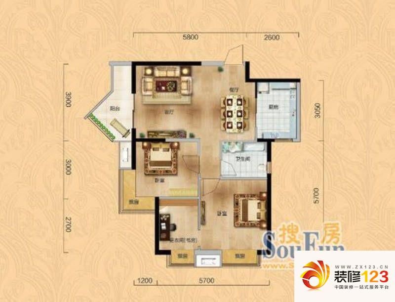 大华铂金华府户型图3b-6户型 2室 .