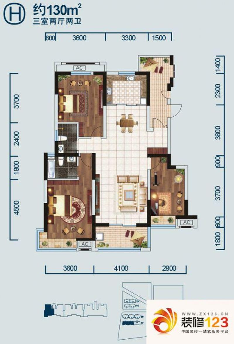 金泰新理城户型图h户型图 3室2 .