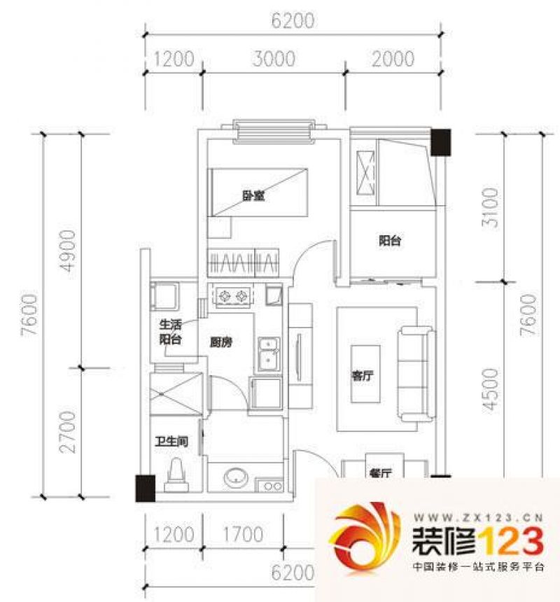 海珀香庭户型图B2型（4-9层） 1室2厅 ...
