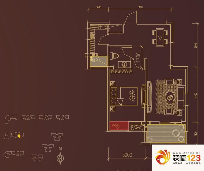 南郡帝苑户型图c-3户型 1室2厅1.