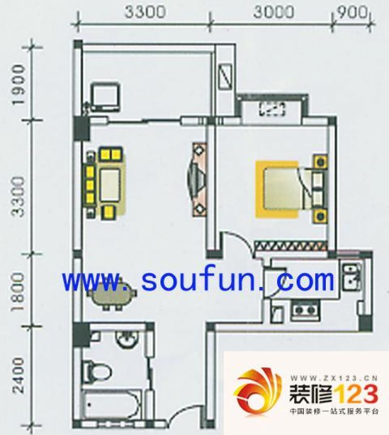 南辰景秀户型图g型 1室2厅1卫1厨 .