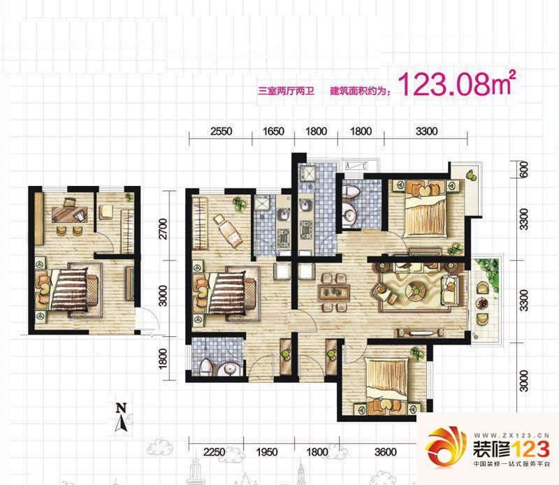 欣景苑 户型图 3室2厅2卫.