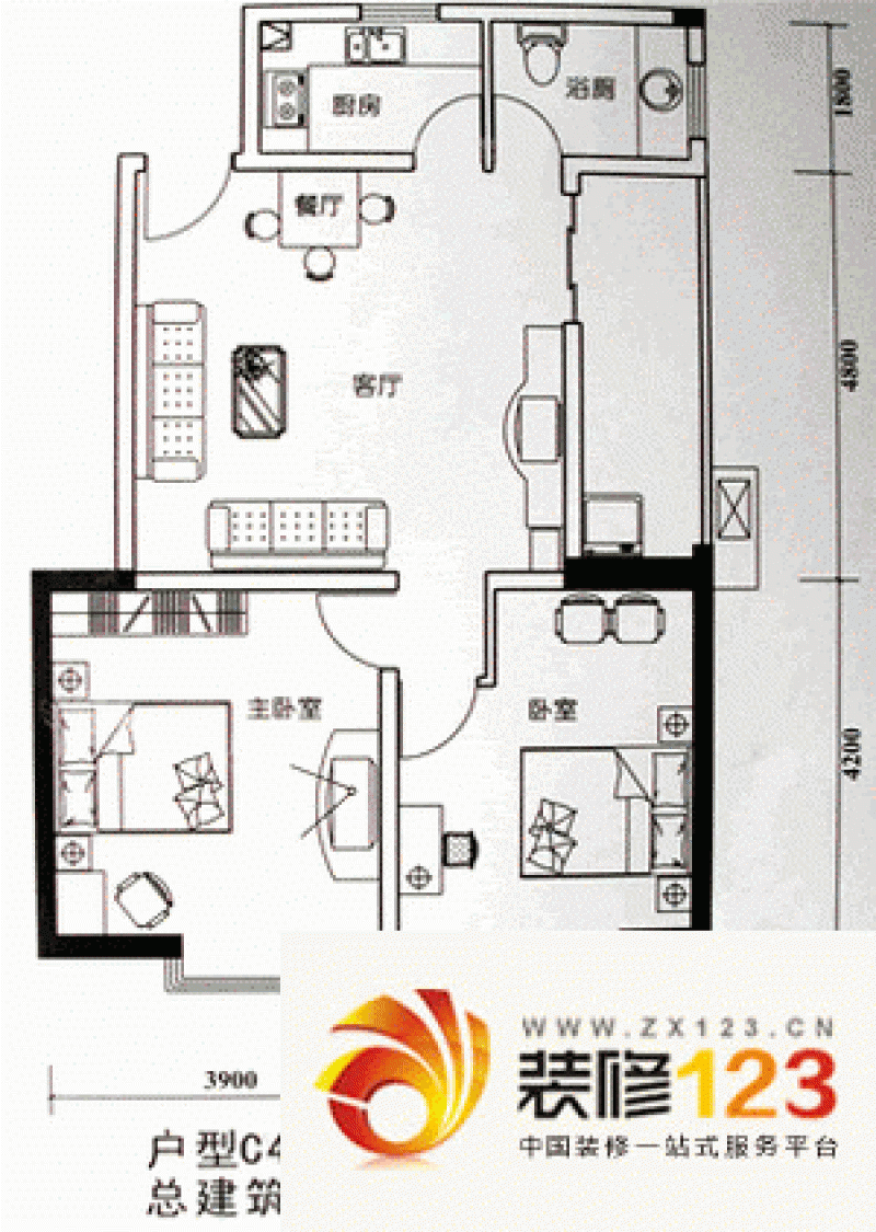 新一代国际公寓户型图2室2厅1卫1 .