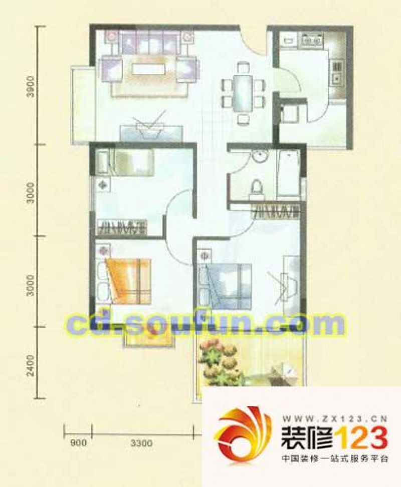 锦溪户型图a型 3室2厅1卫1厨.