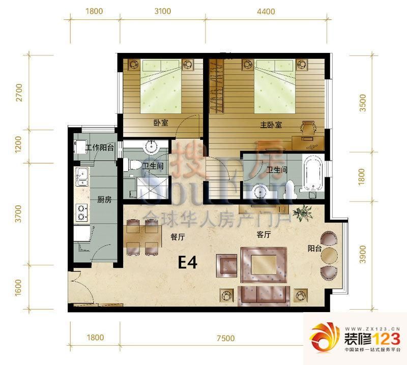 合生国际花园户型图e4户型 2室2 .