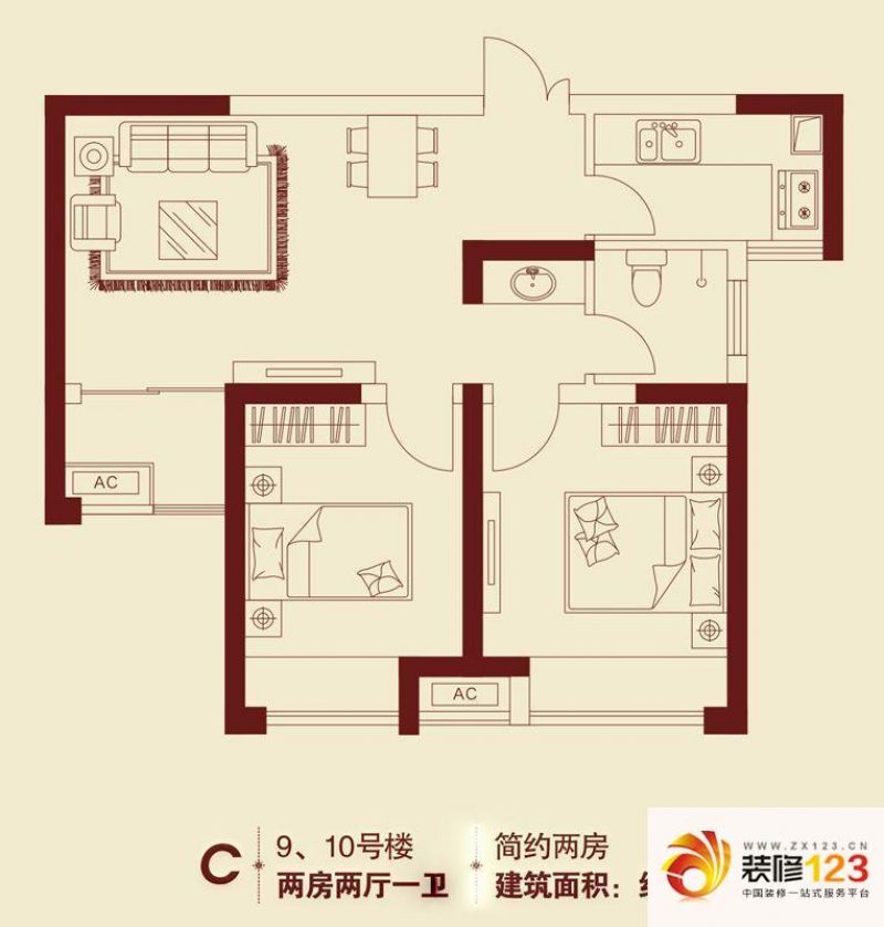 阳光城户型图9,10号楼c户型 2室 .