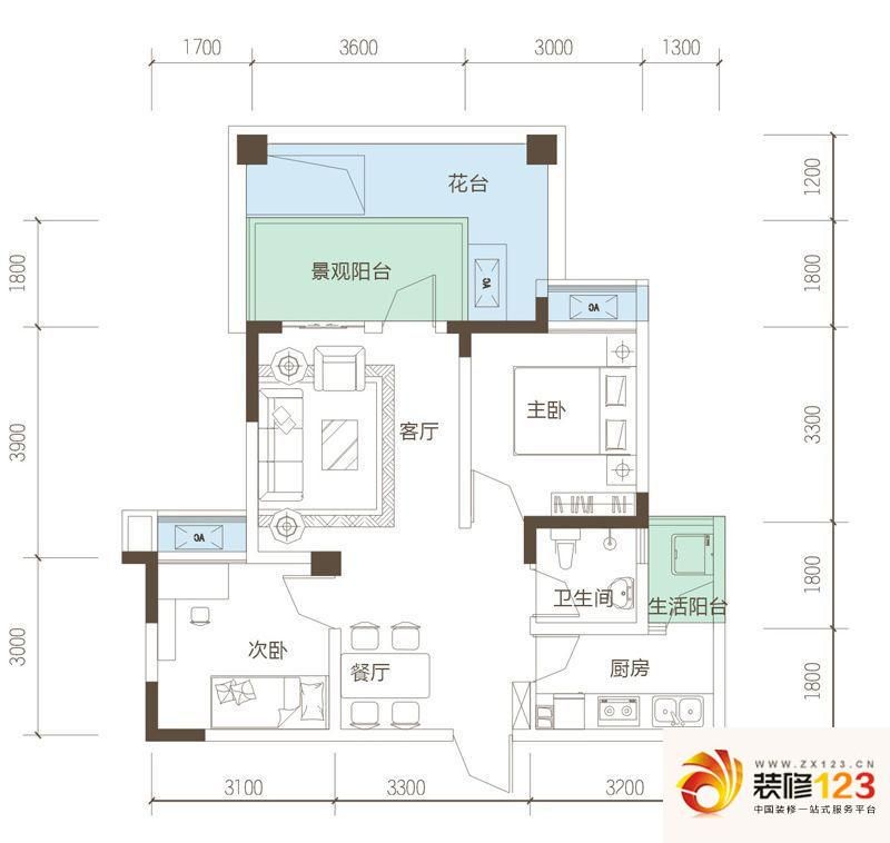 景茂名都户型图5号楼c5户型 2室2.