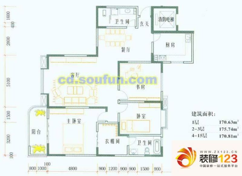 国栋南园五星城户型图3-a1型 3室 .