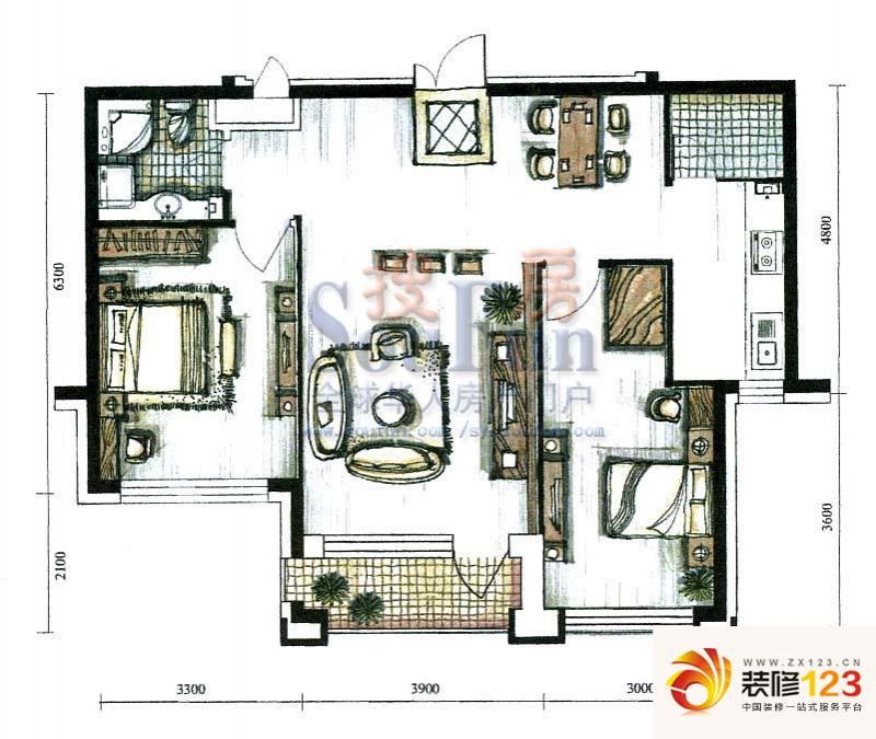 中央公馆户型图2室2厅1卫 .