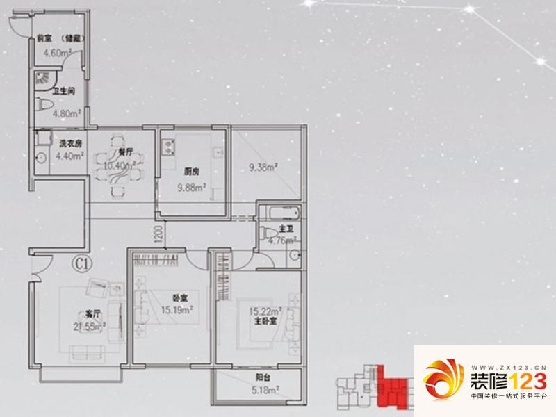 丽泽花苑户型图（六）户型 3室2厅2卫 ...