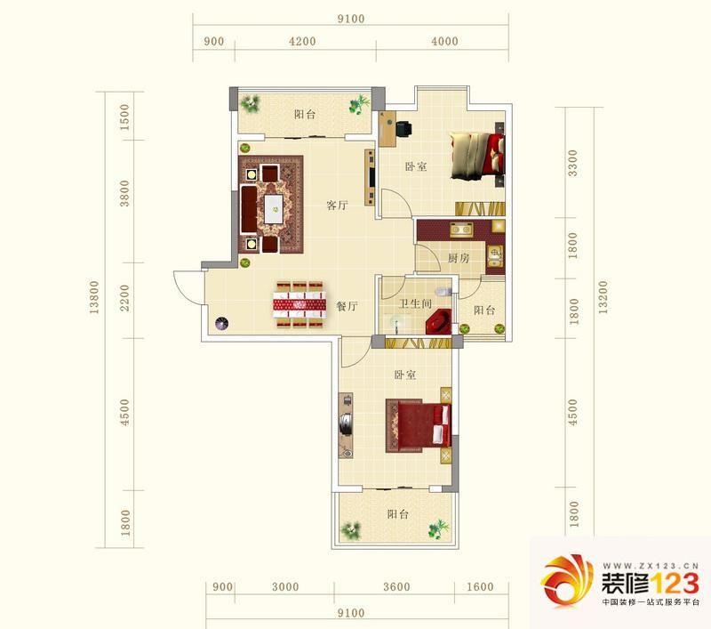 香榭花都户型图i户型 2室2厅1卫1.