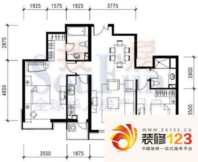 海悦名门户型图f户型 2室2厅2卫1.