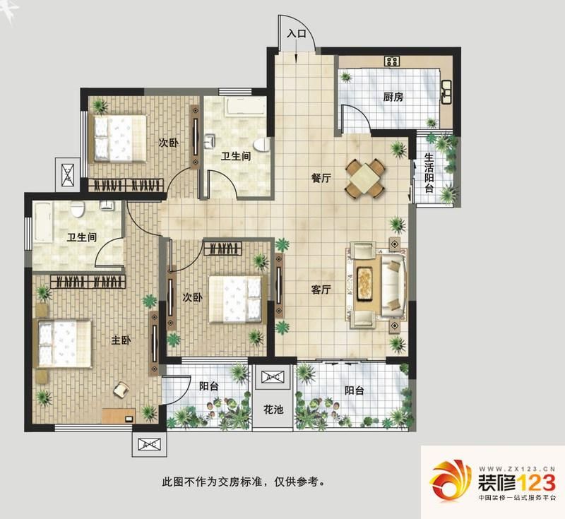 保利华都户型图三期e户型 3室2厅.