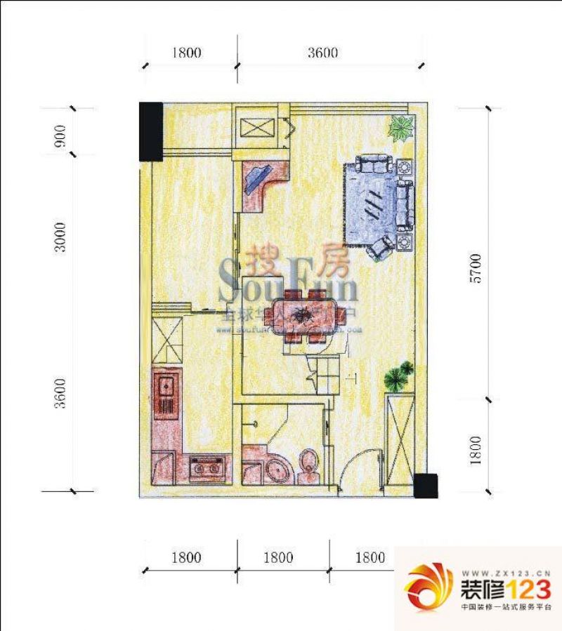 新青年公寓户型图1室1厅1卫1厨 .