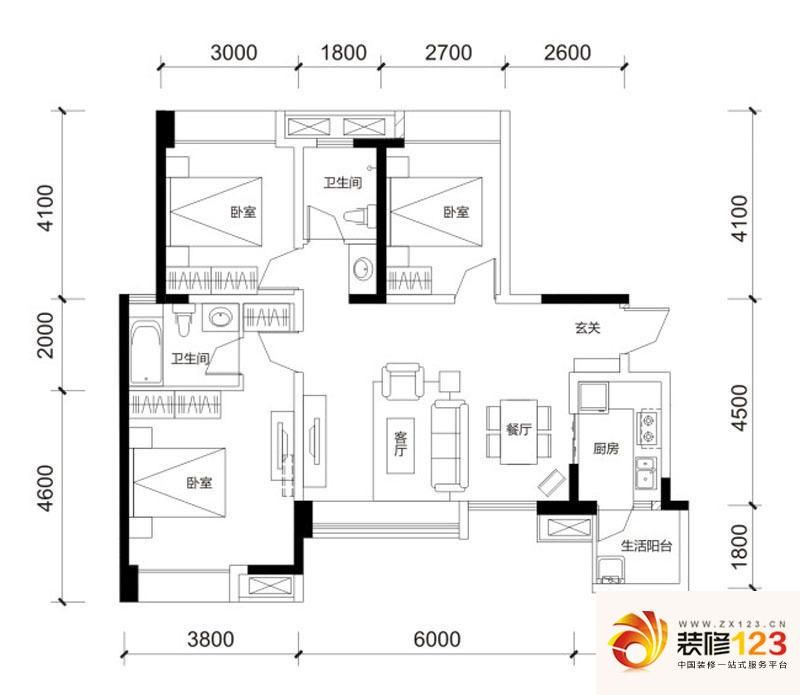 天府逸家户型图c2户型 3室2厅2卫.