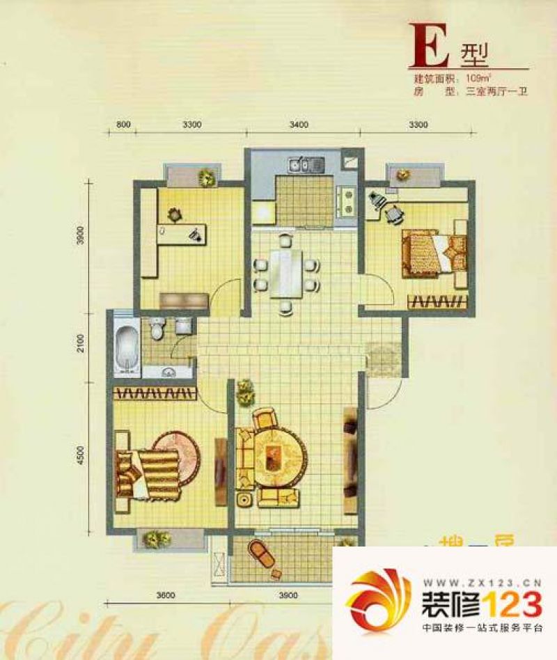 方圆城市绿洲户型图户型图 3室.