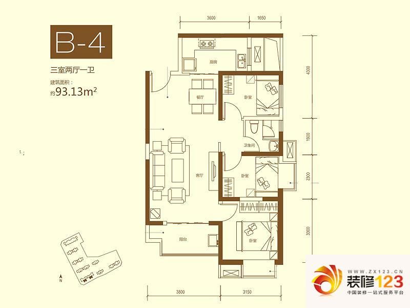 海伦国际户型图b-4户型 3室2厅1.